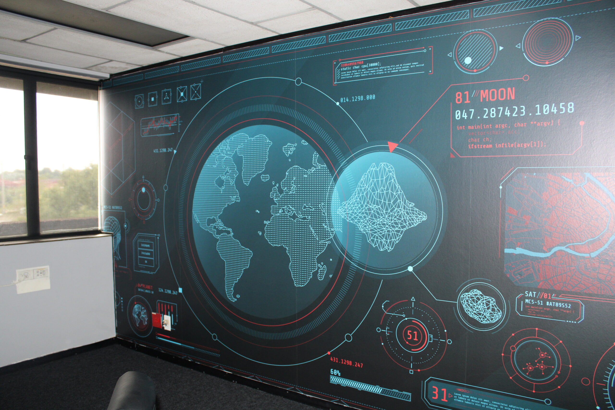 Innovation space with a digital world-map feature wall